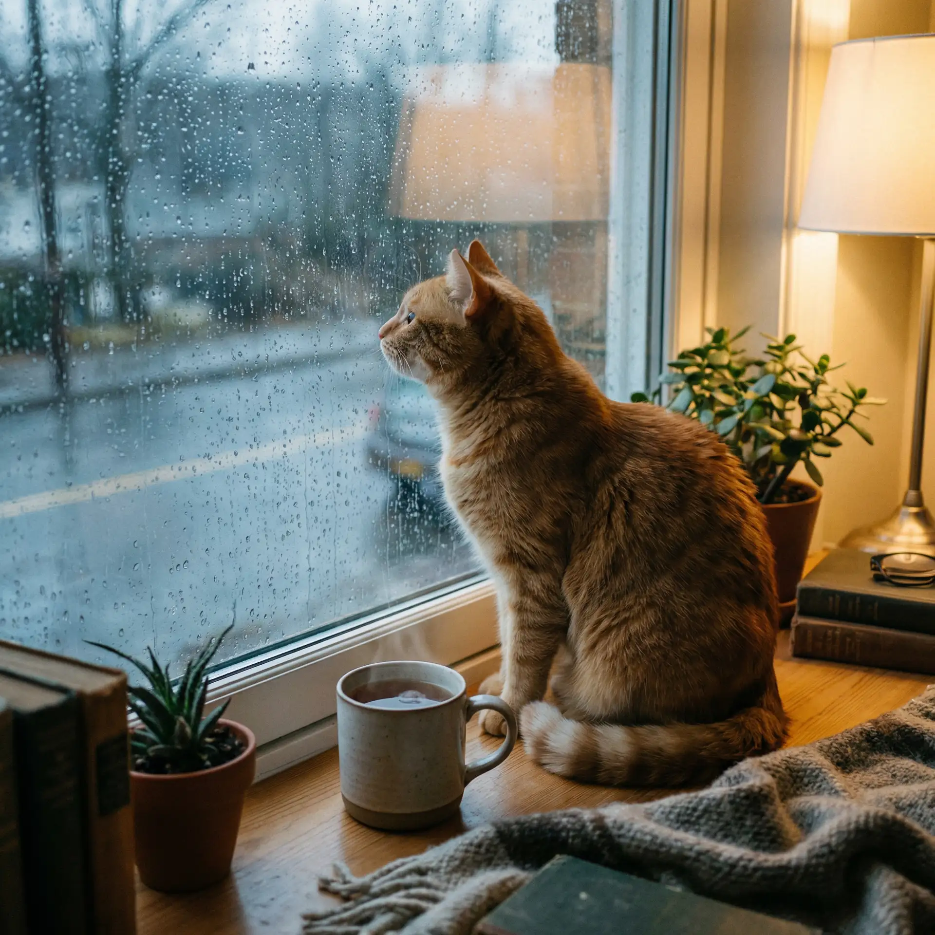 猫咪望着窗外的雨 - 憨妻的都市日记